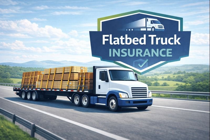 Flatbed truck insurance illustration showing open-deck freight secured on a flatbed truck.