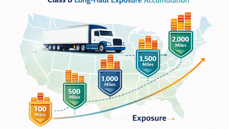 Semi truck insurance diagram showing how long-haul mileage increases exposure over distance.