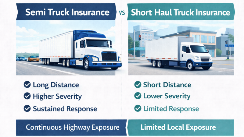 Semi truck insurance diagram showing how long-haul mileage increases exposure over distance.